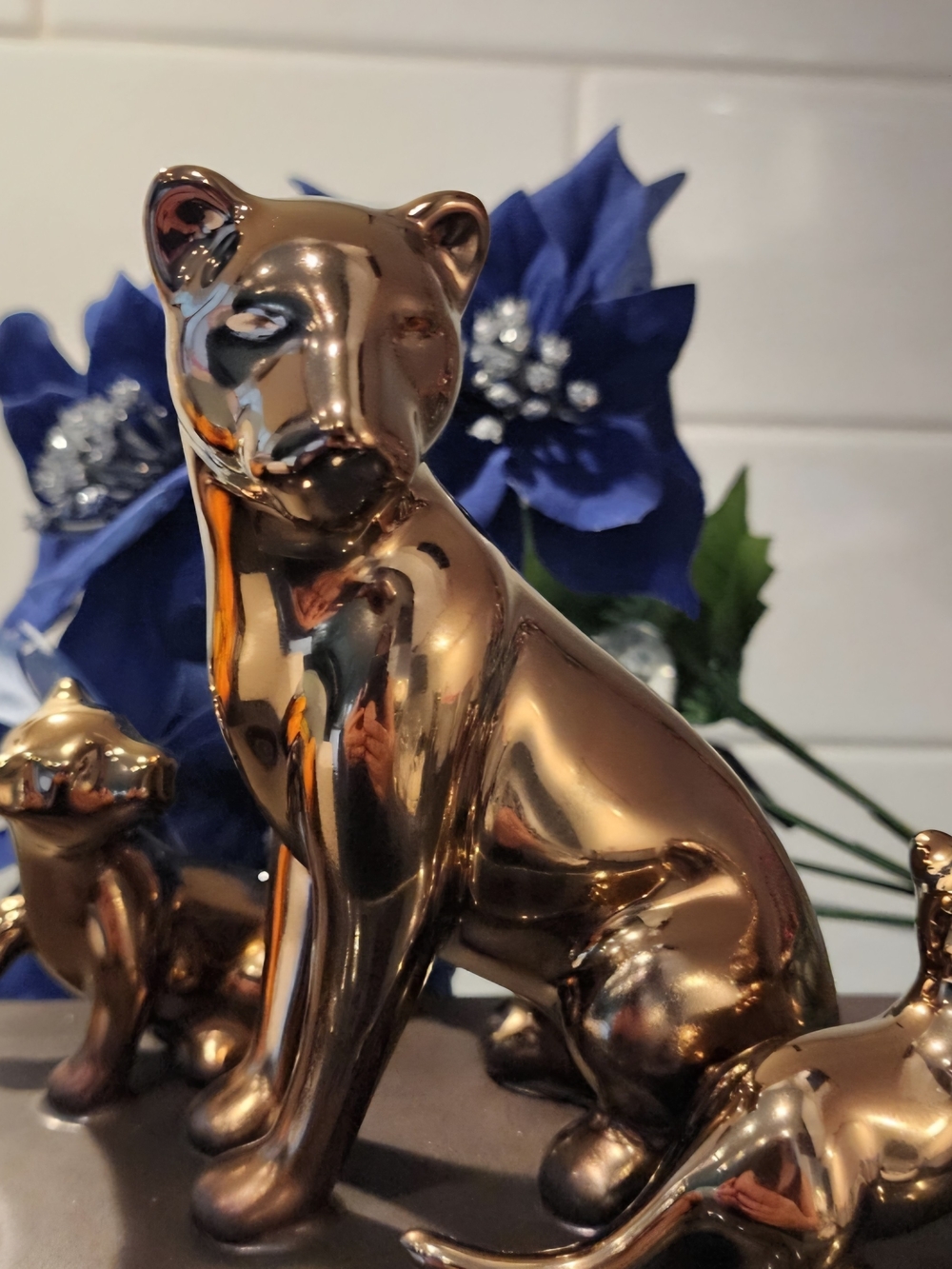 Vintage PartyLite Panther Family Bronze Glass Tealight Candle Holder New in Box